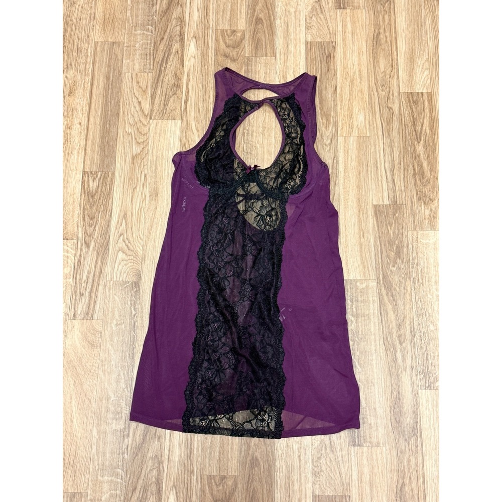 Adore Me Babydoll Chemise G-String Set Potent Purple Black Lace Keyhole M NWT